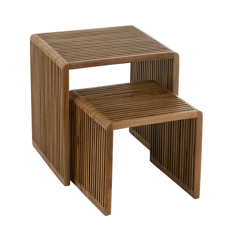 Cubic Side Table - 2 Tier - Slatted - Natural - Recycle Teak Wood