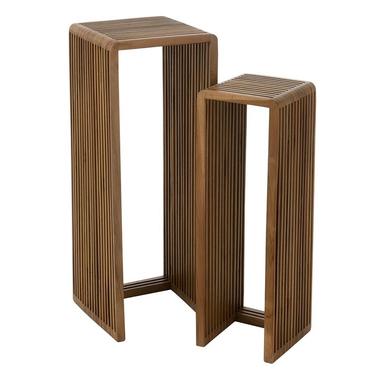 Cubic Side Table - 2 Tier - Slatted - Tall - Natural - Recycle Teak Wood