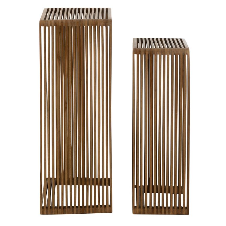 Cubic Side Table - 2 Tier - Slatted - Tall - Natural - Recycle Teak Wood