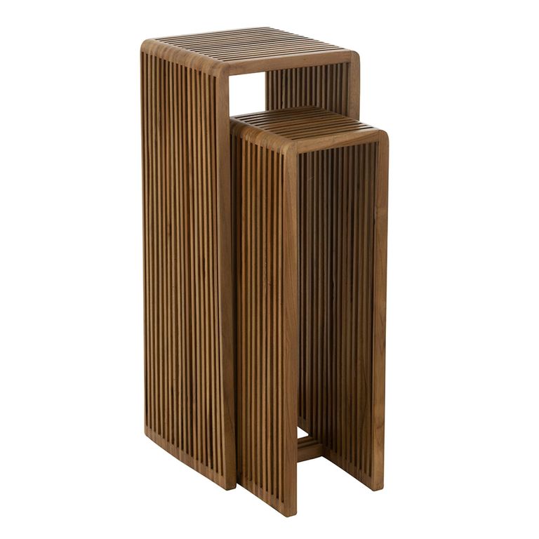 Cubic Side Table - 2 Tier - Slatted - Tall - Natural - Recycle Teak Wood