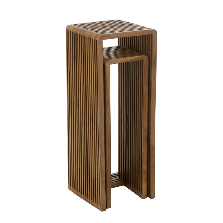 Cubic Side Table - 2 Tier - Slatted - Tall - Natural - Recycle Teak Wood