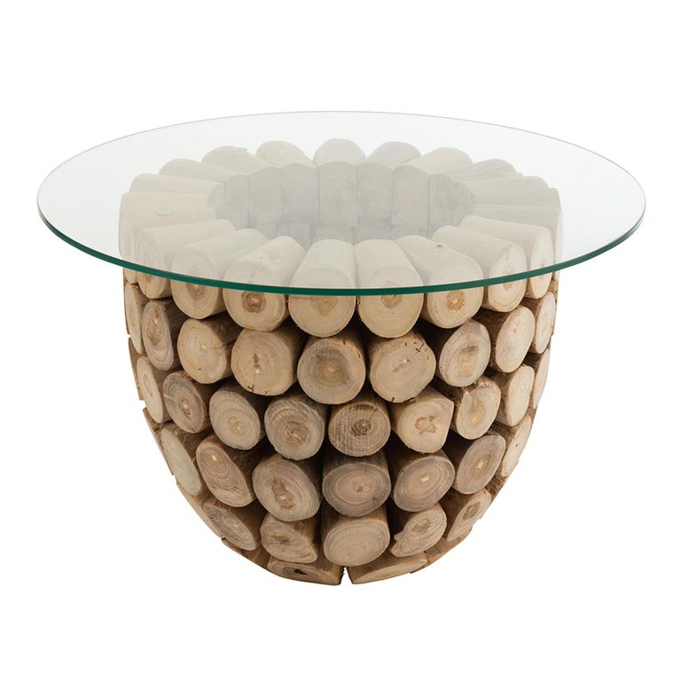 Discs Open Accent Table - Round - Large - Natural - Glass and Teak Wood