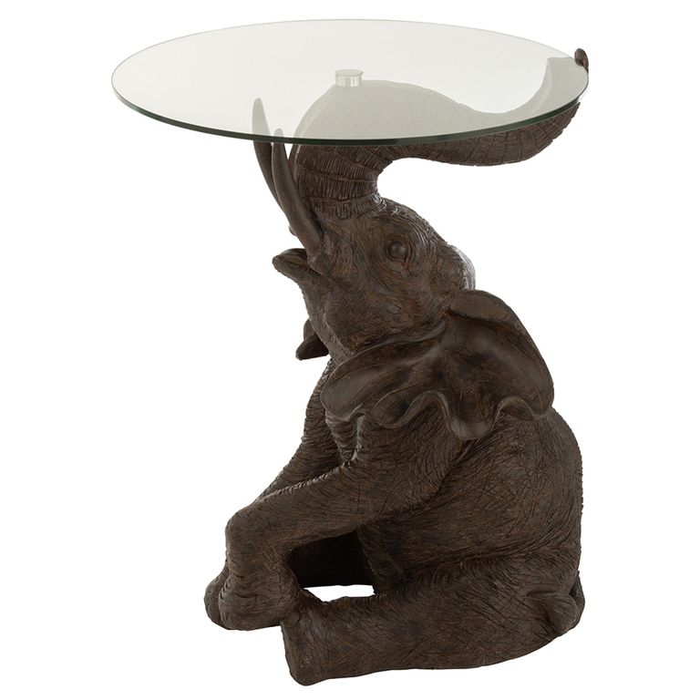 Elephant Accent Table - Round - Dark Brown - Glass and Polyresin