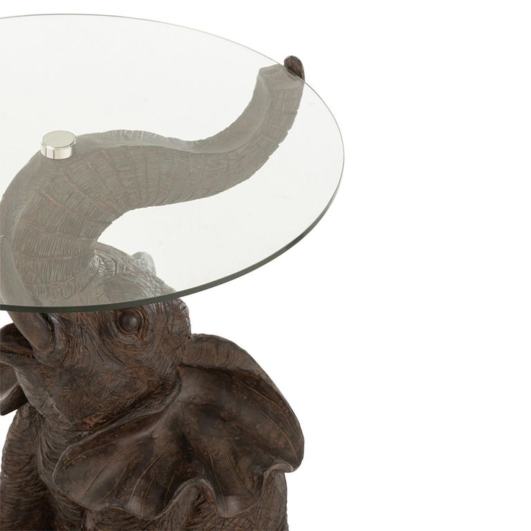 Elephant Accent Table - Round - Dark Brown - Glass and Polyresin