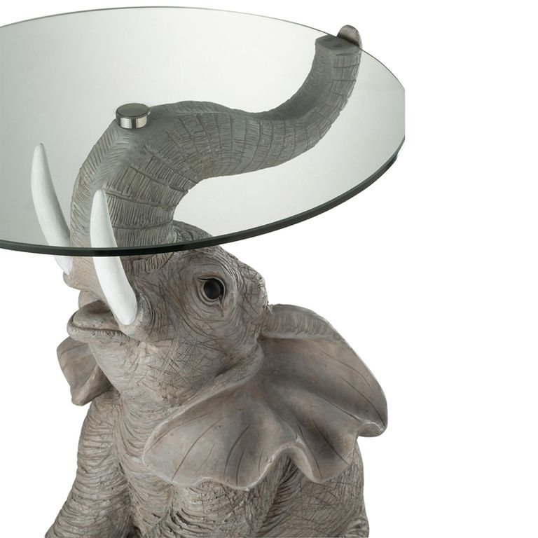 Elephant Accent Table - Round - Grey - Glass and Polyresin