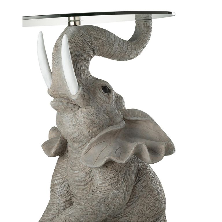 Elephant Accent Table - Round - Grey - Glass and Polyresin