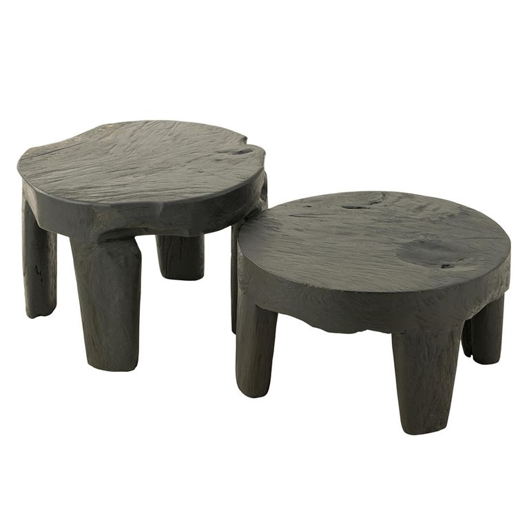 Accent Table - Round - Set of 2 - Black - Teak Wood