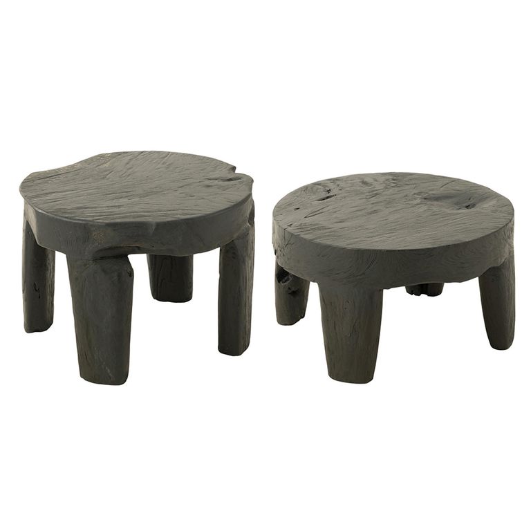 Accent Table - Round - Set of 2 - Black - Teak Wood