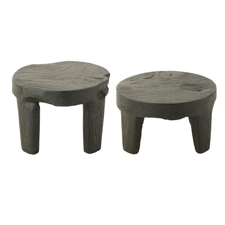 Accent Table - Round - Set of 2 - Black - Teak Wood