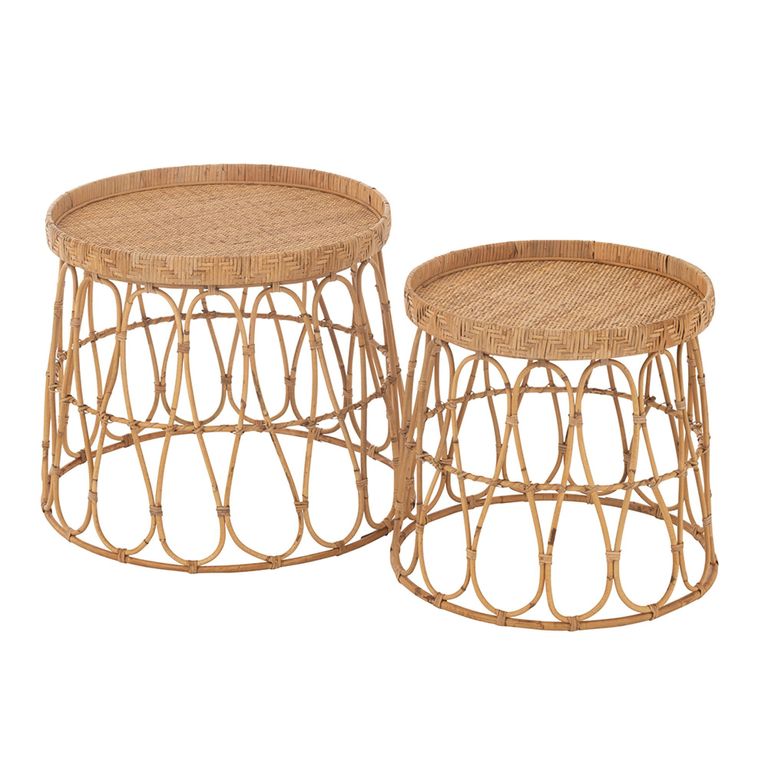Side Table - Round - Set of 2 - Natural - Rattan and Plywood