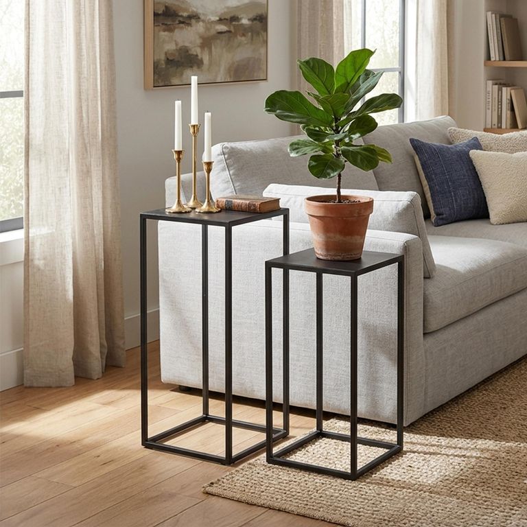 Side Table - Square - 2 Tier - Black - Metal
