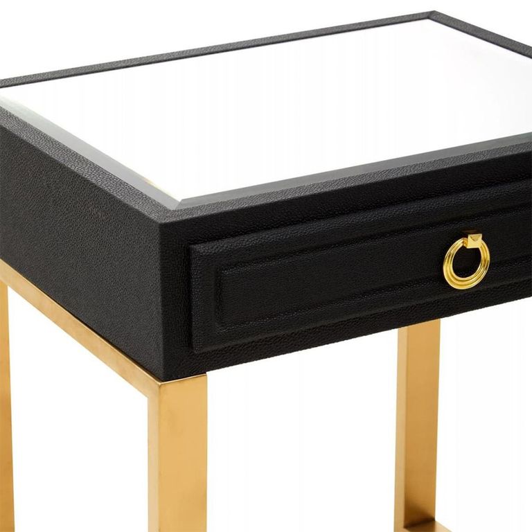 Cardoba Side Table - 1 Drawer - Faux Shagreen with Gold Legs