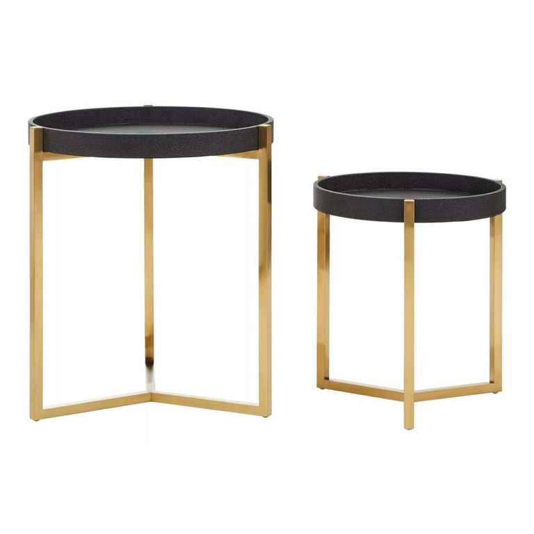 Cardoba Side Tables - Set of 2 - Black Faux Shagreen with Gold Legs - Round
