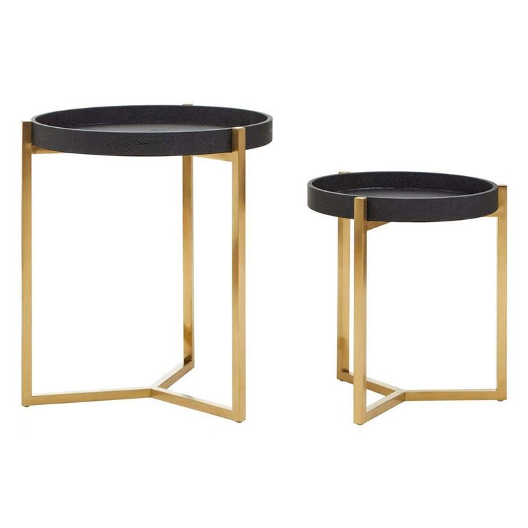 Cardoba Side Tables - Set of 2 - Black Faux Shagreen with Gold Legs - Round
