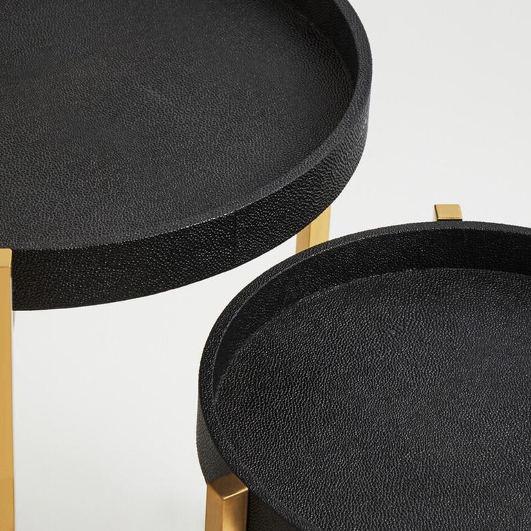 Cardoba Side Tables - Set of 2 - Black Faux Shagreen with Gold Legs - Round