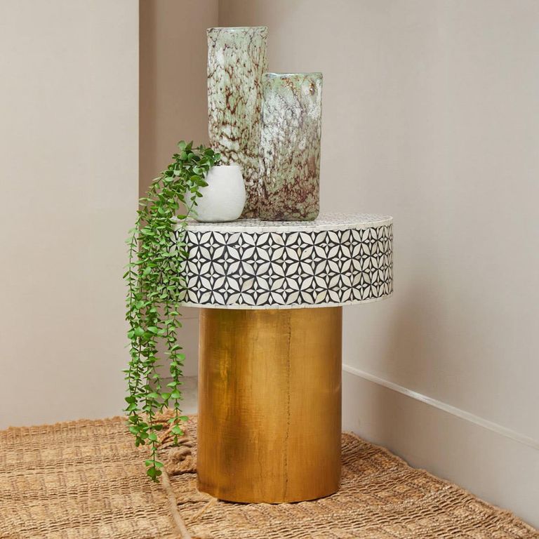 Fusion Side Table - Round - White Bone Inlay with Gold Base