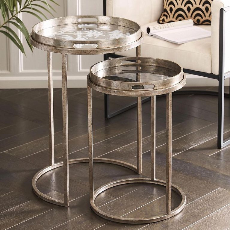 Clearance - Palm Tree Side Tray Table - Gold Metal - Round - Set of 2 - FSS17354