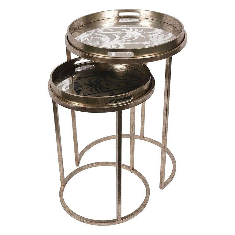 Clearance - Palm Tree Side Tray Table - Gold Metal - Round - Set of 2 - FSS17354