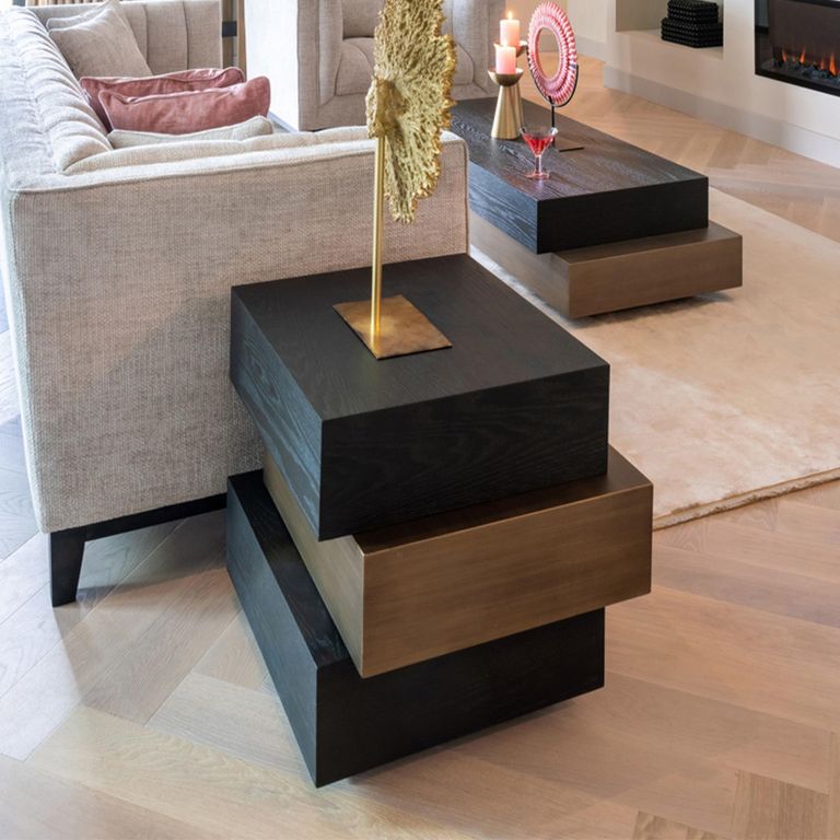 Cambon Dark Oak and Brass Layered Side Table