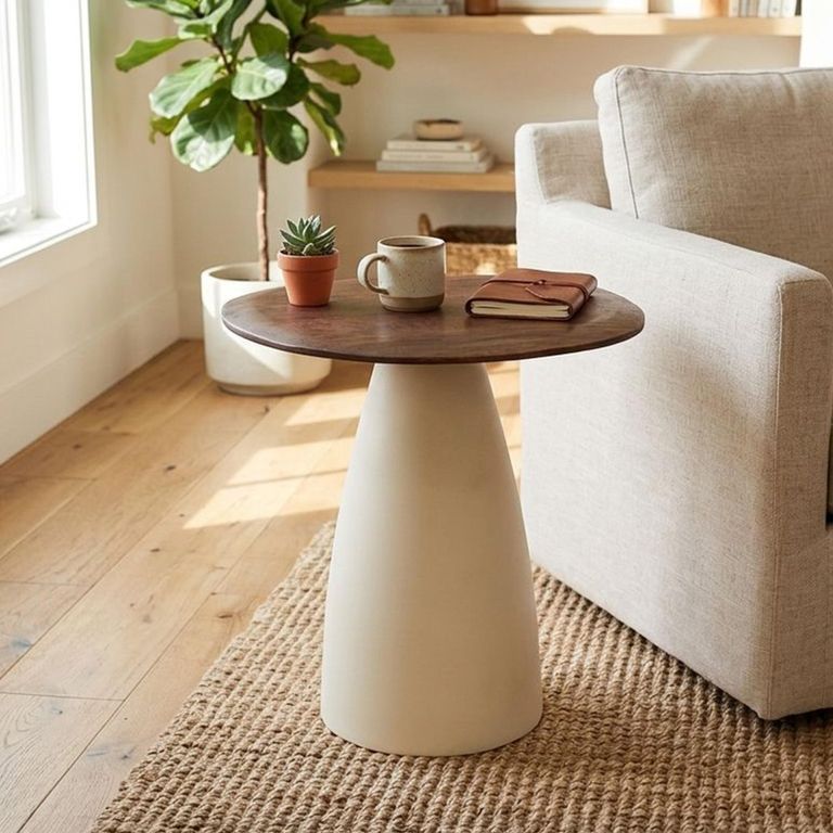Brix Marron Side Table - Abstract - Off White - Mango Wood and Metal