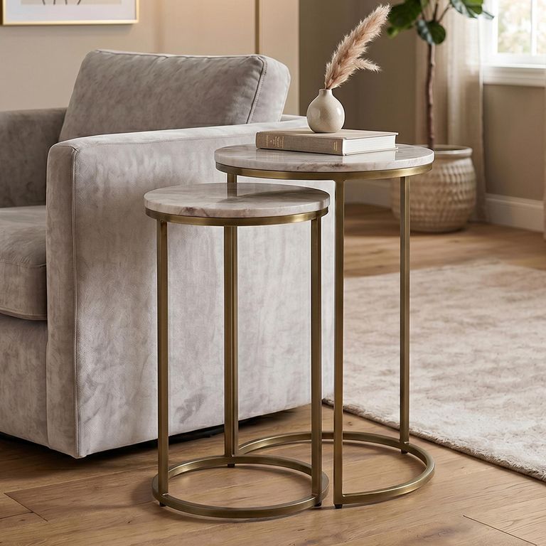 Bottega End Table - Round - 2 Tier - Blush Beige - Marble and Metal