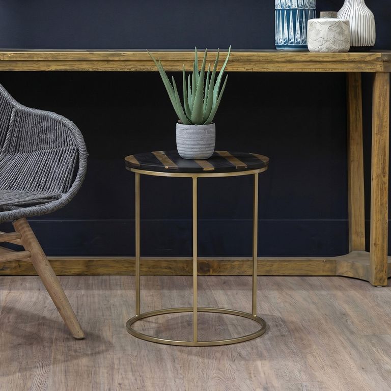 Aris Side Table - Round - Black Acacia Wood with Gold Base