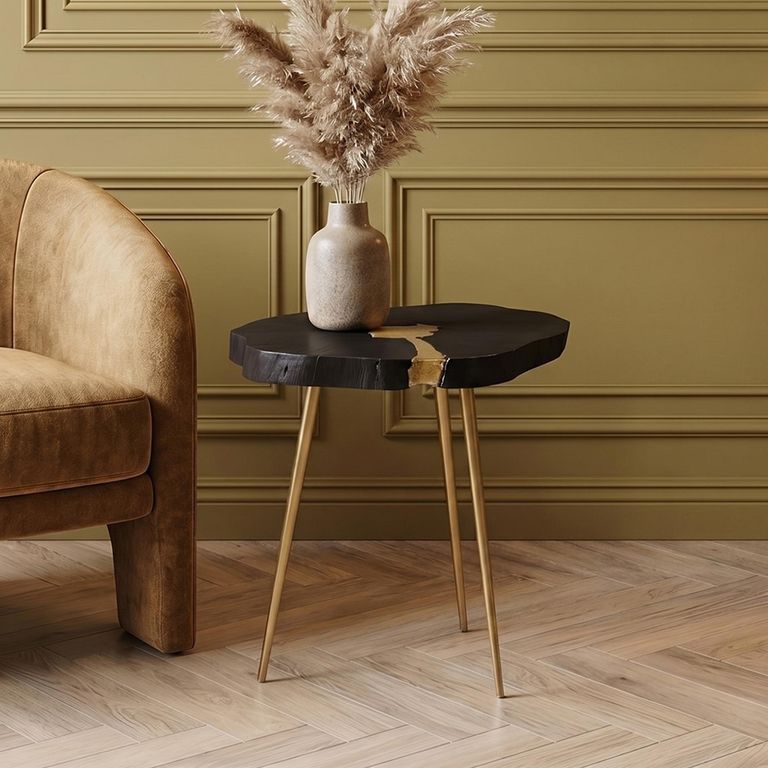 Asamra Side Table - Log - Black Acacia Wood with Gold Legs