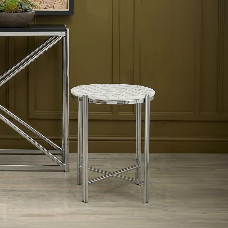 Eva Side Table - Round - White Marble with Silver Metal