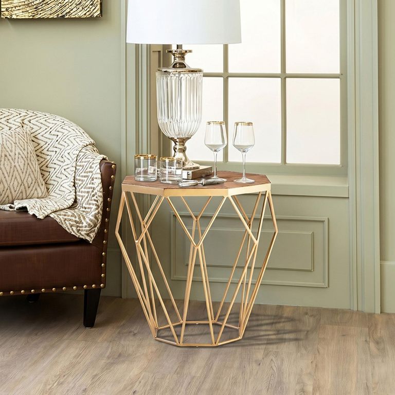 Jodi Side Table - Octagonal - Elm Wood with Gold Metal