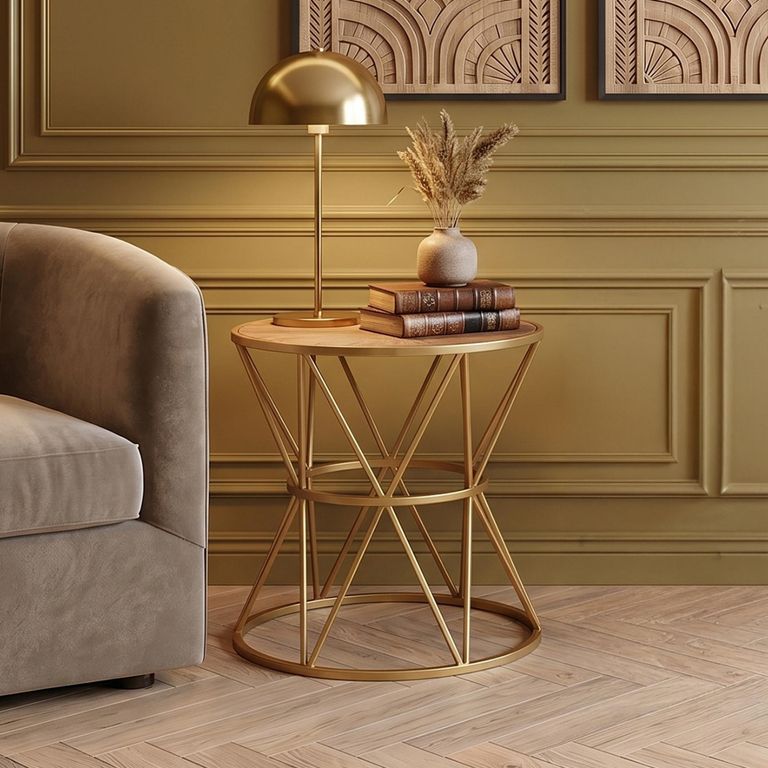 Jodi Side Table - Round - Elm Wood with Gold Metal
