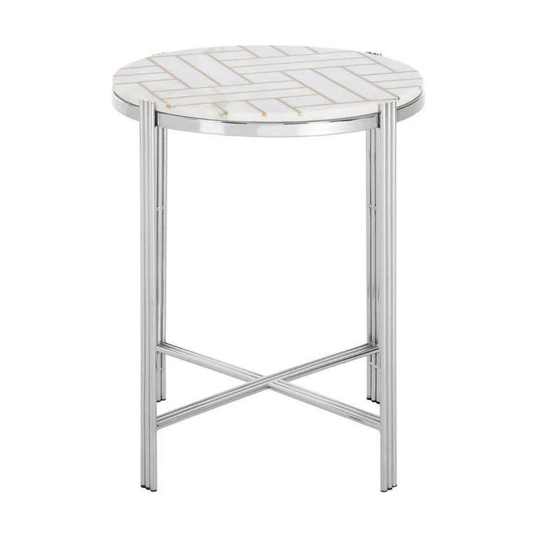 Eva Side Table - Round - White Marble with Silver Metal