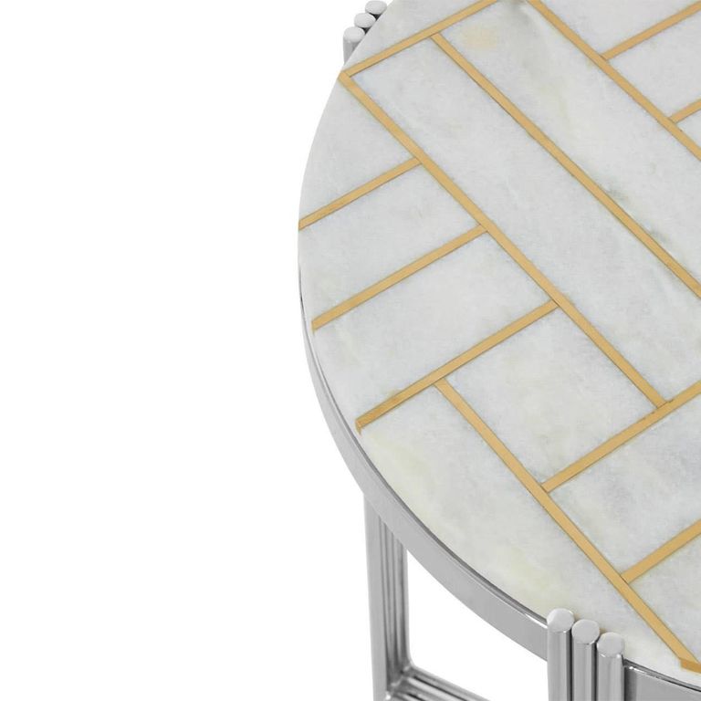 Eva Side Table - Round - White Marble with Silver Metal