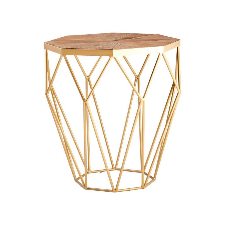 Jodi Side Table - Octagonal - Elm Wood with Gold Metal