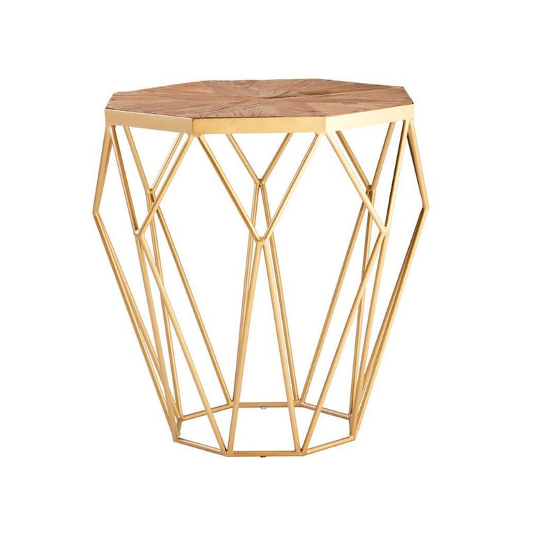 Jodi Side Table - Octagonal - Elm Wood with Gold Metal