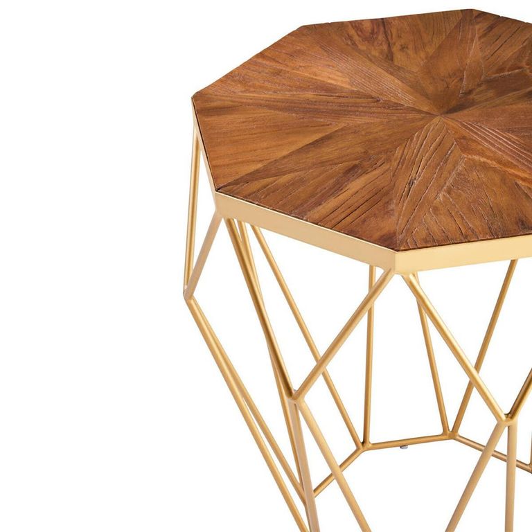Jodi Side Table - Octagonal - Elm Wood with Gold Metal