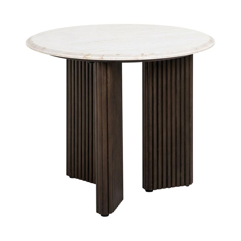 Mayfield White Marble Top Round Side Table - Dark Wood Fluted Base
