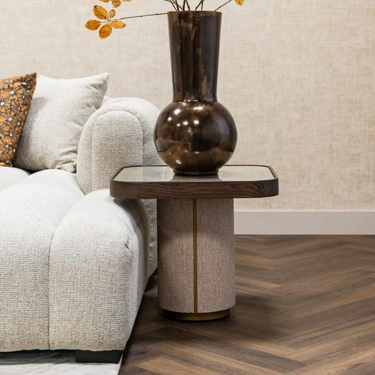 Willox Curved End Table - Square - Beige and Brown - Glass and Oak