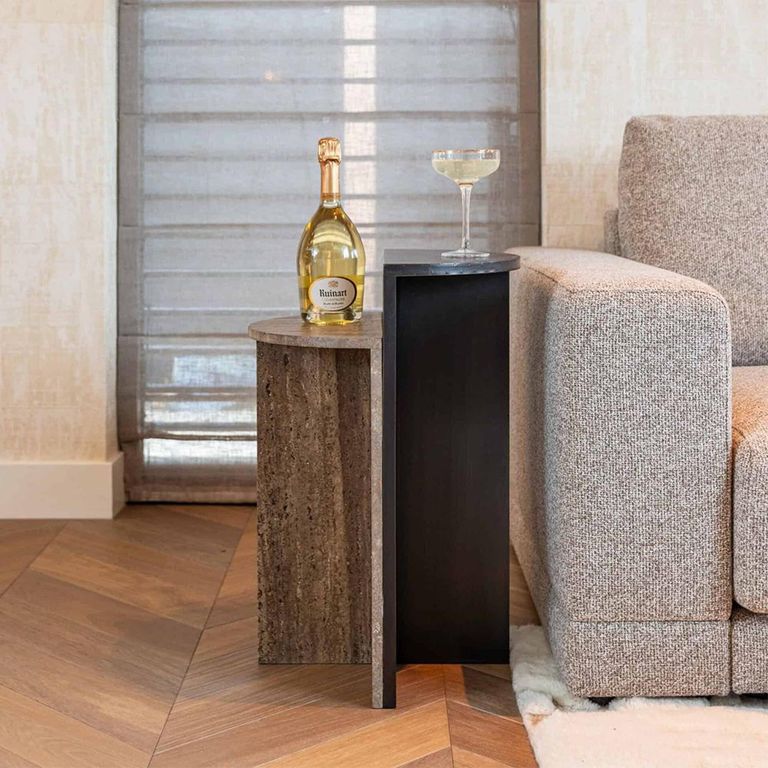 Russo End Table - Ash Brown - Wood and Travertine
