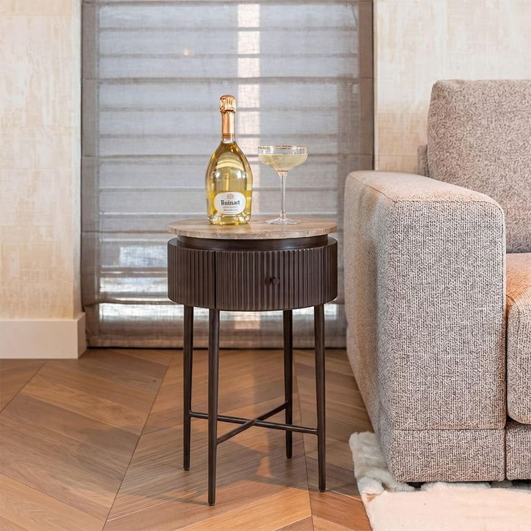 Russo Fluted End Table - 1 Drawer - Round - Ash Brown - Travertine Top and Metal