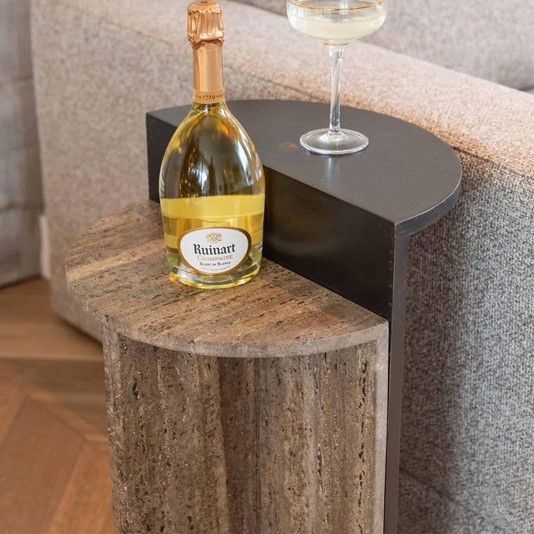 Russo End Table - Ash Brown - Wood and Travertine