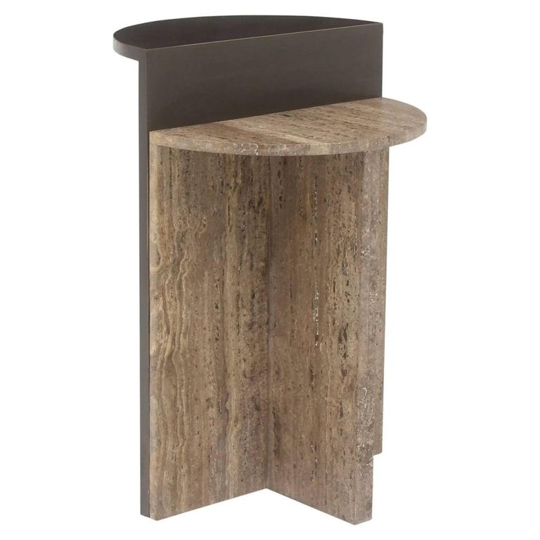 Russo End Table - Ash Brown - Wood and Travertine