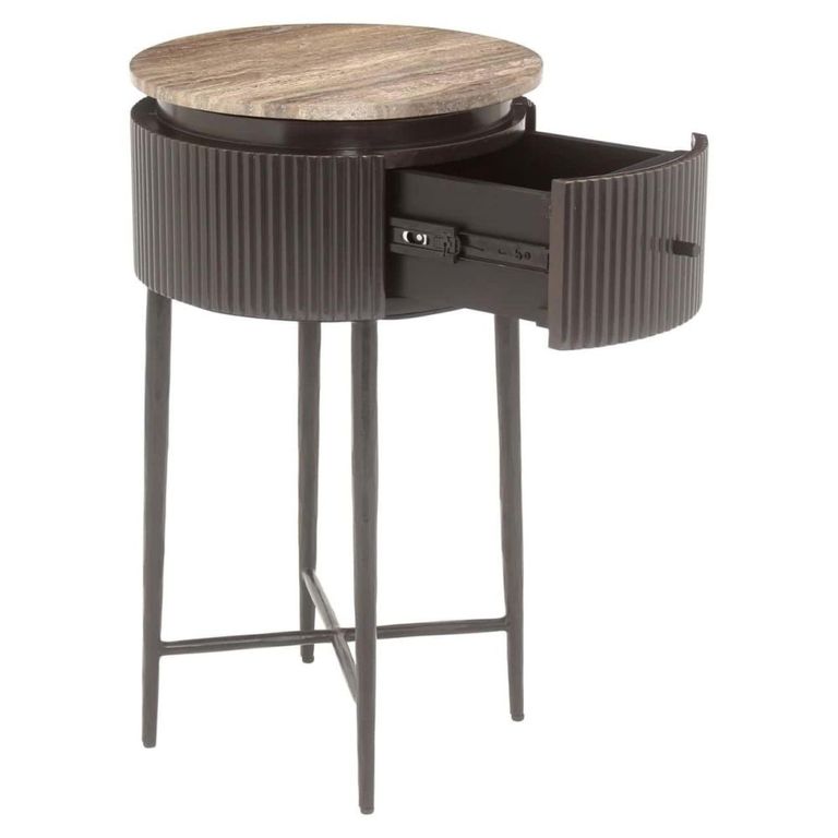 Russo Fluted End Table - 1 Drawer - Round - Ash Brown - Travertine Top and Metal