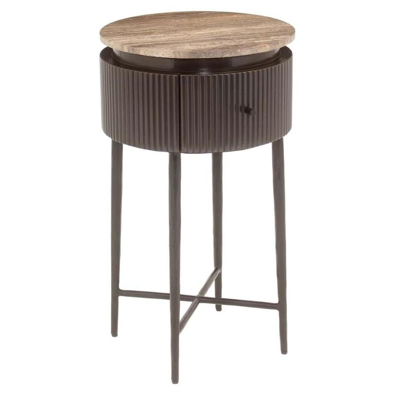 Russo Fluted End Table - 1 Drawer - Round - Ash Brown - Travertine Top and Metal