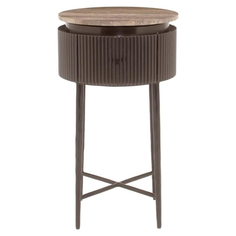 Russo Fluted End Table - 1 Drawer - Round - Ash Brown - Travertine Top and Metal