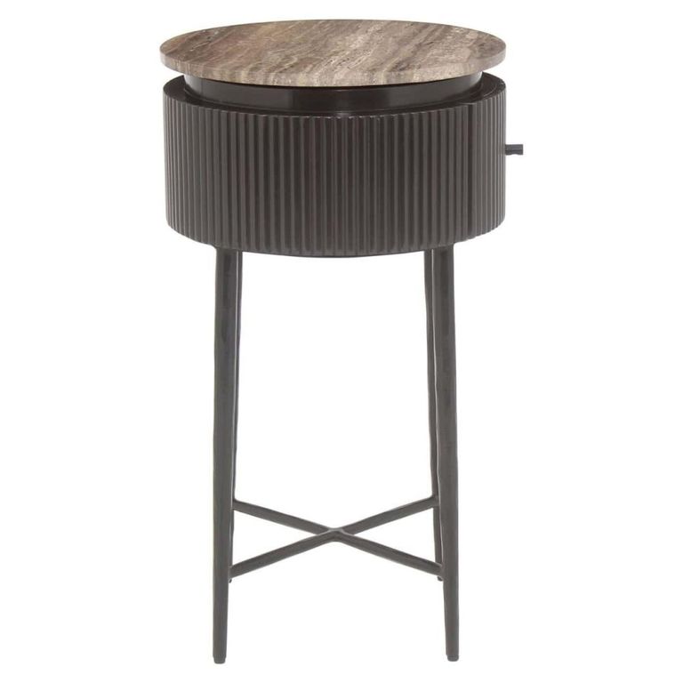 Russo Fluted End Table - 1 Drawer - Round - Ash Brown - Travertine Top and Metal