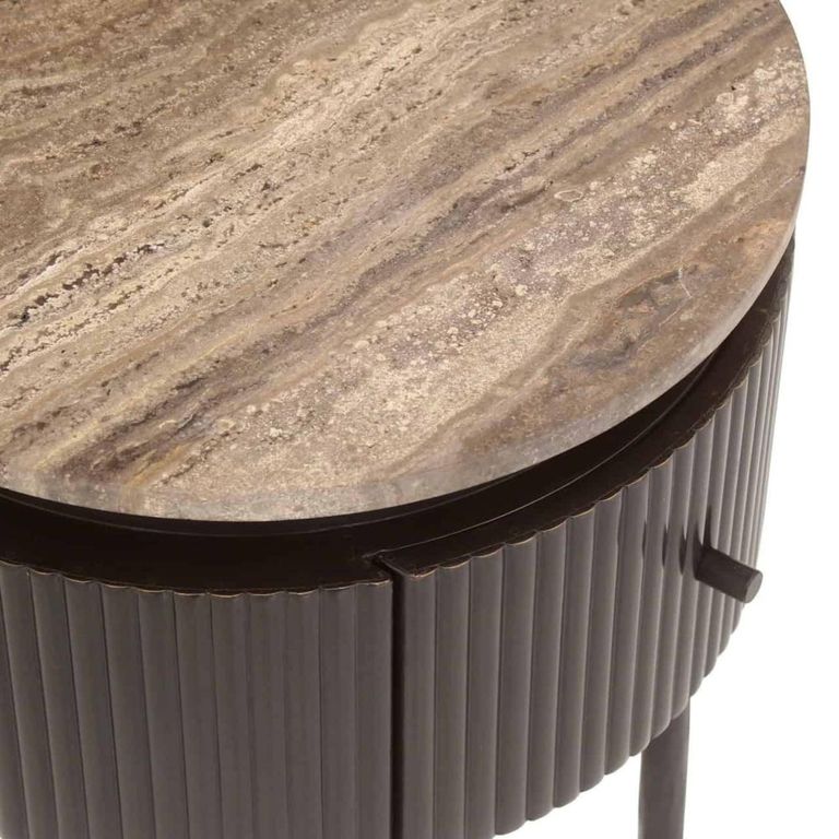 Russo Fluted End Table - 1 Drawer - Round - Ash Brown - Travertine Top and Metal