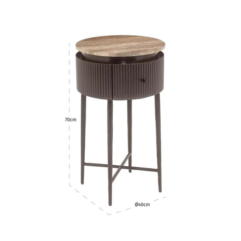 Russo Fluted End Table - 1 Drawer - Round - Ash Brown - Travertine Top and Metal