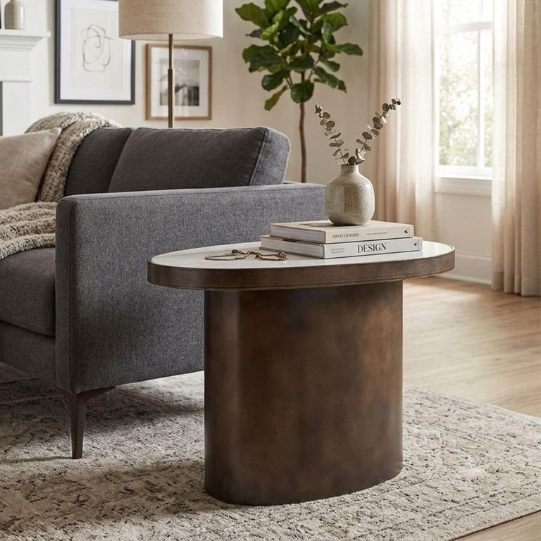 Biloxi End Table - Pedestal Base - Brown - Marble and Metal