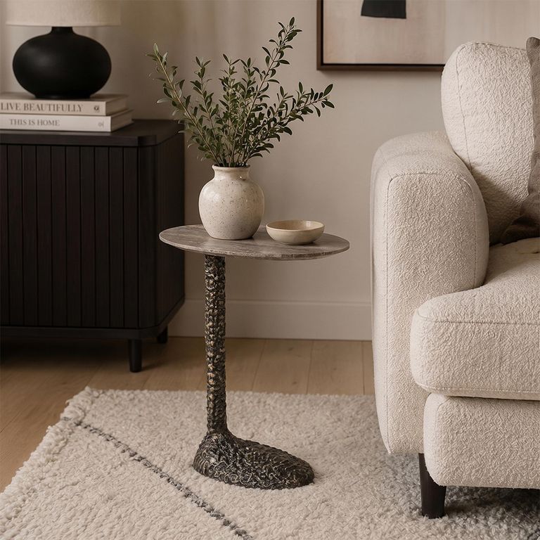 Arosa End Table - Oval - Brown and Black - Travertine and Aluminium