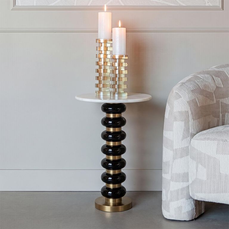 Barbara End Table - Round - White and Black - Glass and Marble